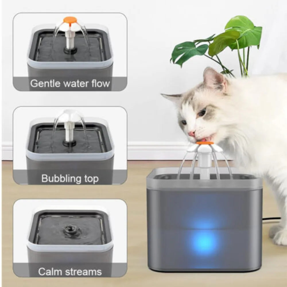 2L Cat Water Fountain Pet Drinking Bowl with LED Light & Activated Carbon Filter