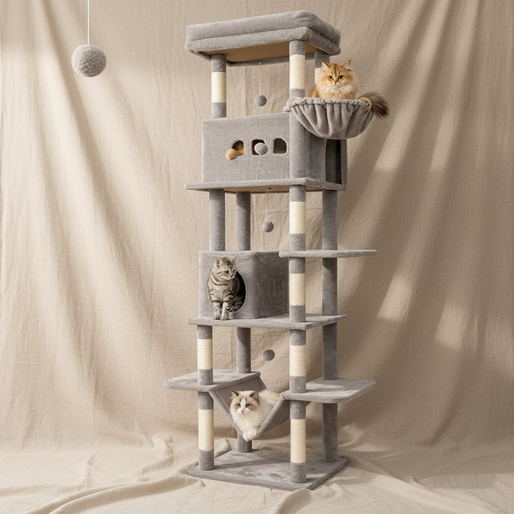 Cat Tree for Indoor Cats, 210 Cm Large Tall Cat Tower, Multi-Level Cats House with Condo, 8 Scratching Posts, Hammock,4 Pom Poms