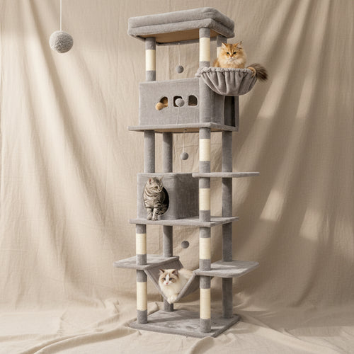Cat Tree for Indoor Cats, 210 Cm Large Tall Cat Tower, Multi-Level Cats House with Condo, 8 Scratching Posts, Hammock,4 Pom Poms