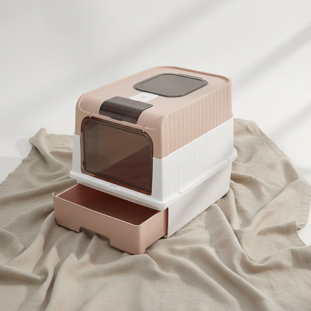 UV Sterilization Cat Litter Box Spacious Enclosed Design with Odor Control Automatic UV Lamp and Easy-Clean Drawer,Pink/Grey