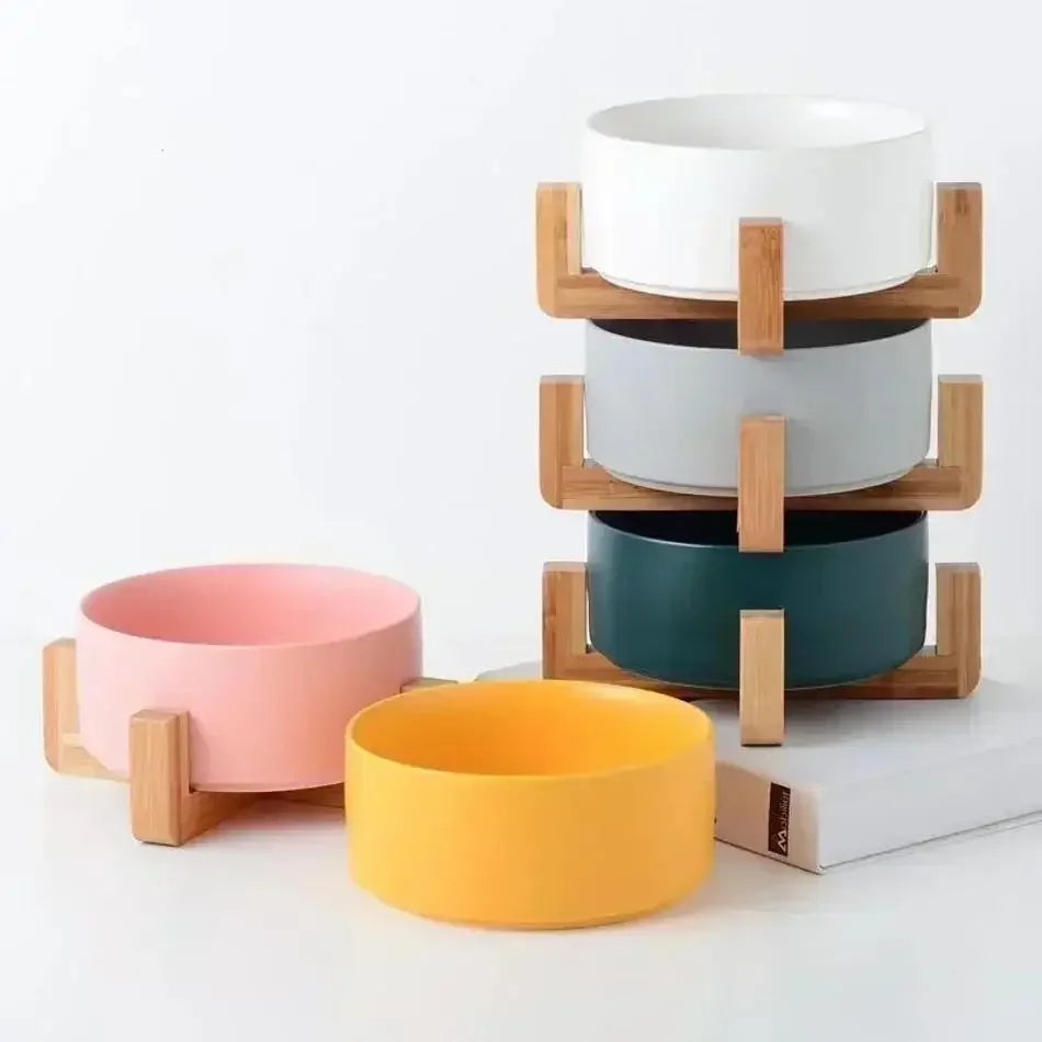 Large Capacity Pet Bowl for Cats and Dogs Wooden Rack Ceramic Cat Food and Water Feeder Home Pet Accessories