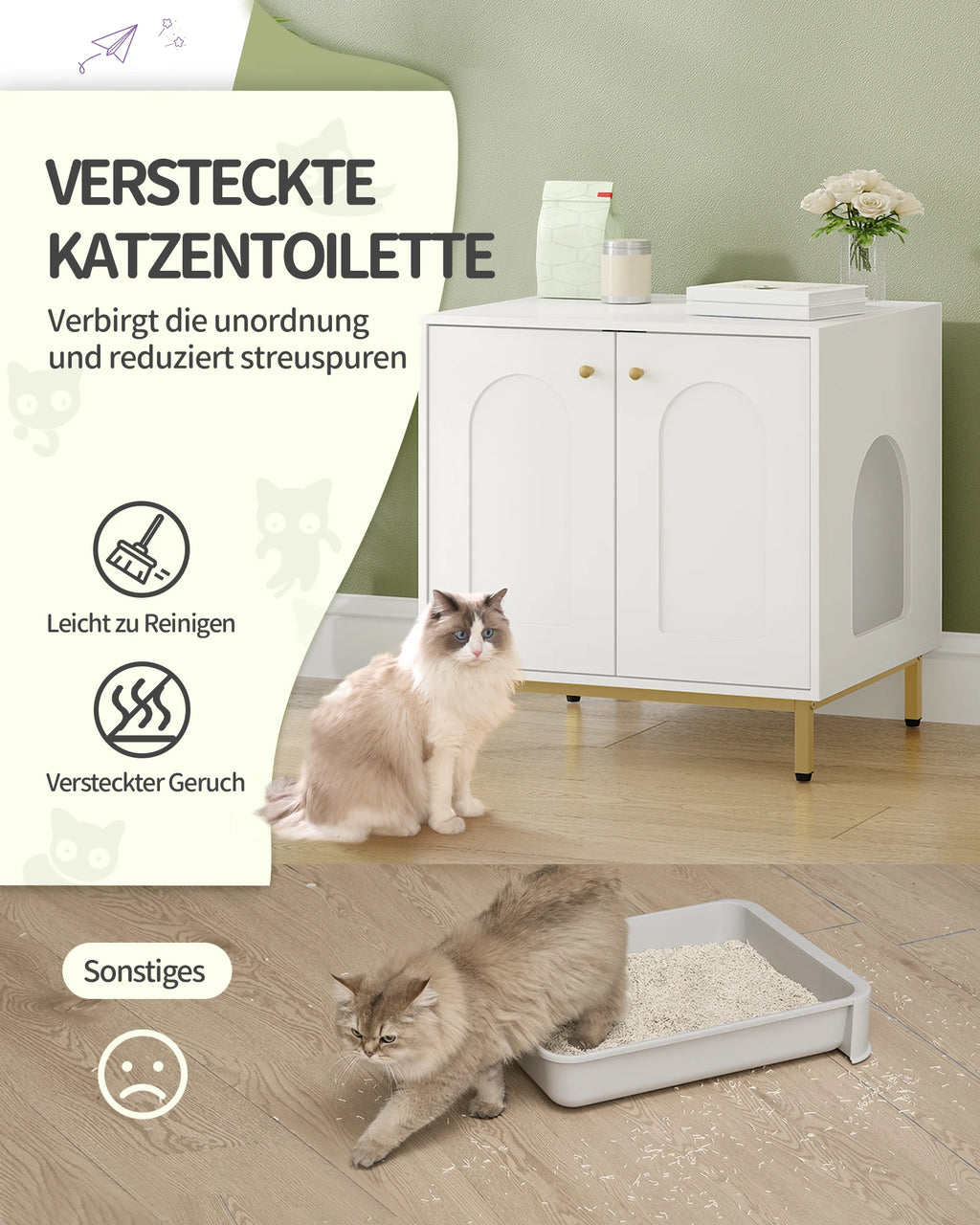 Cat Litter Box Enclosure, Hidden Litter Box Furniture with Double Doors,Wooden Pet House Side End Table,Tall Legs,Living,Bedroom