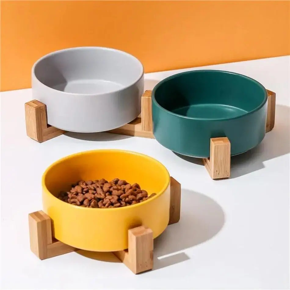 Large Capacity Pet Bowl for Cats and Dogs Wooden Rack Ceramic Cat Food and Water Feeder Home Pet Accessories
