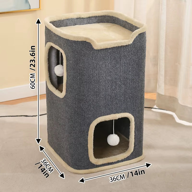 Winter 2 Layer Cat House for Indoor Cats, 24'' Durable Cat Cube Playhouse with Dangling Balls, Perfect for Multiple Pets