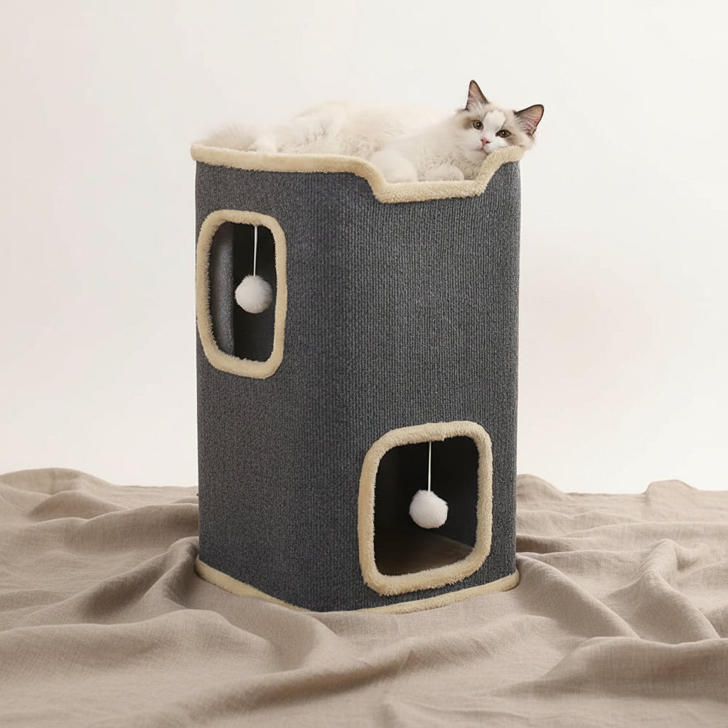 Winter 2 Layer Cat House for Indoor Cats, 24'' Durable Cat Cube Playhouse with Dangling Balls, Perfect for Multiple Pets