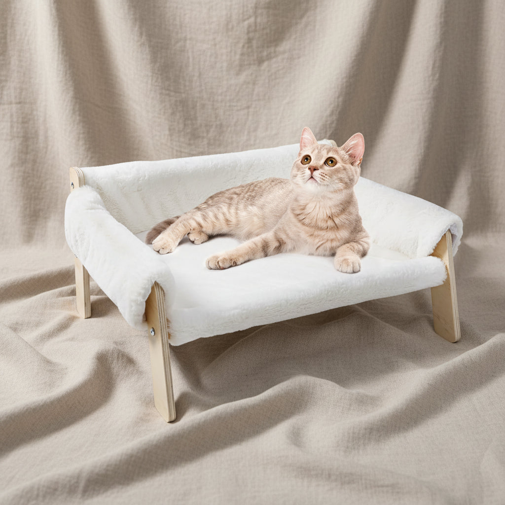 Large Cat Bed Sturdy Wooden Leg Raised Plush Cat Sofa Bed Kitten Bed for Indoor Cats - Soft Cat Couch