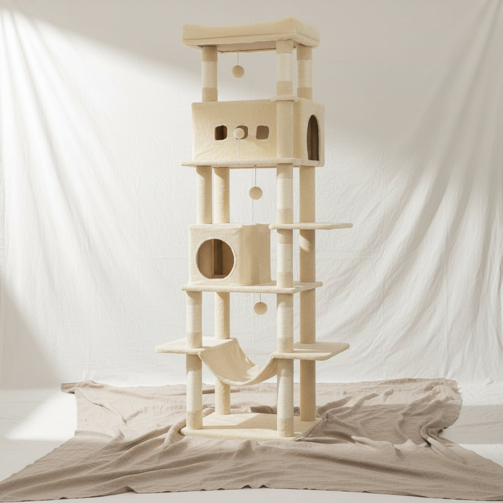 Cat Tree for Indoor Cats, 210 Cm Large Tall Cat Tower, Multi-Level Cats House with Condo, 8 Scratching Posts, Hammock,4 Pom Poms