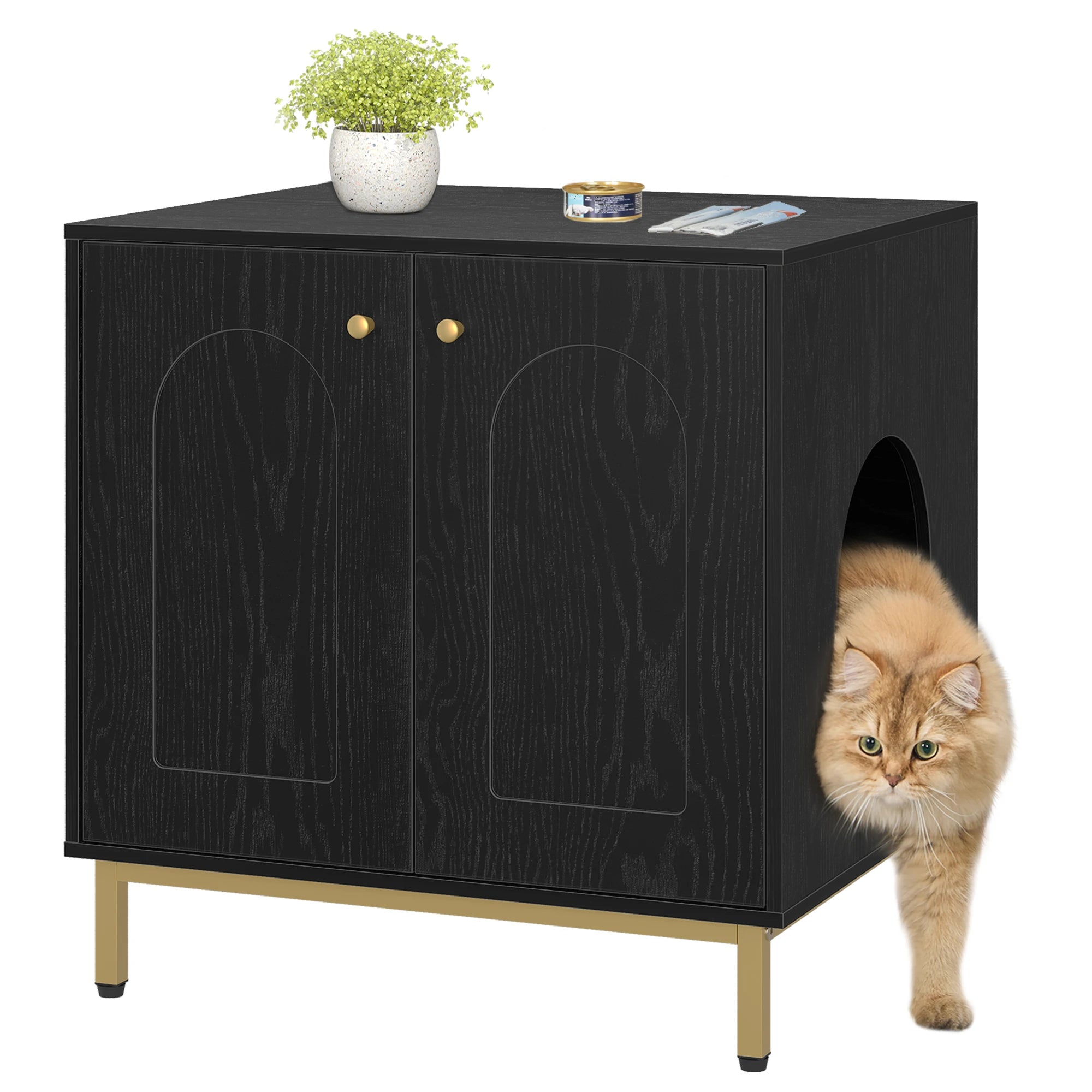 Cat Litter Box Enclosure, Hidden Litter Box Furniture with Double Doors,Wooden Pet House Side End Table,Tall Legs,Living,Bedroom