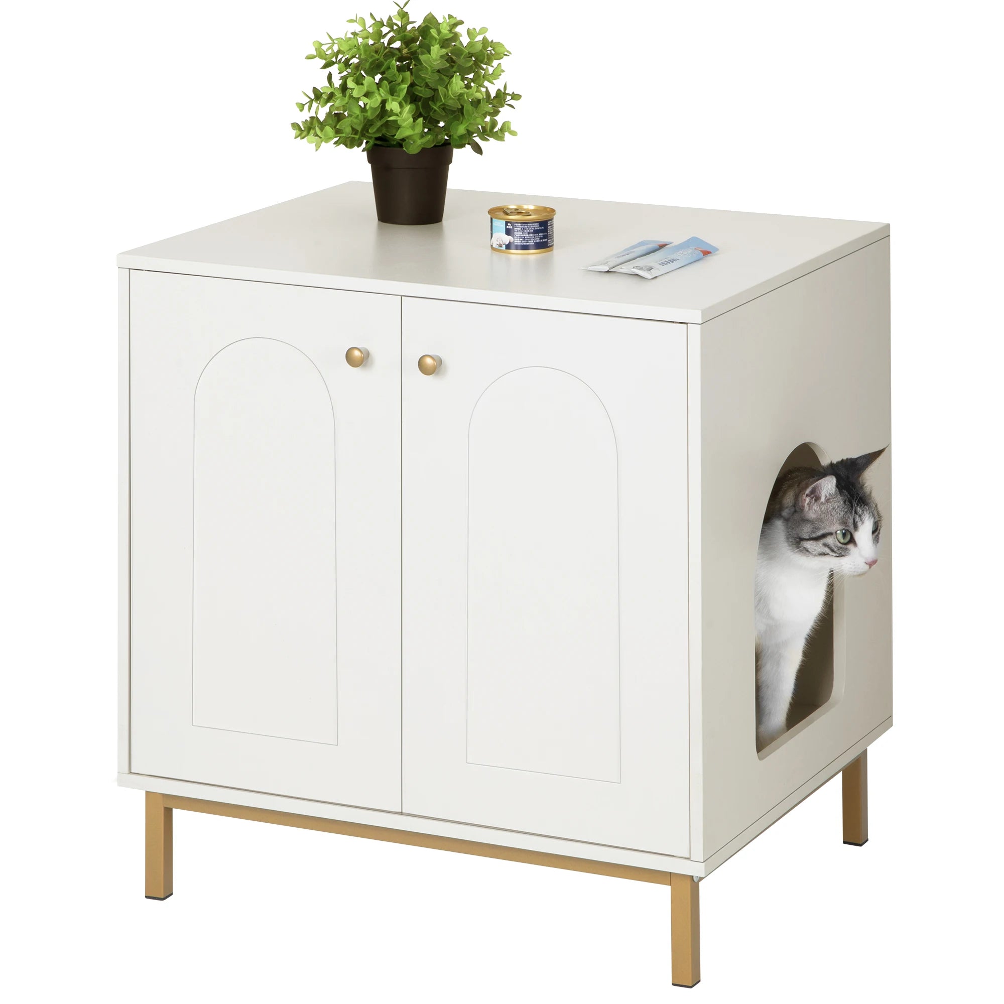 Cat Litter Box Enclosure, Hidden Litter Box Furniture with Double Doors,Wooden Pet House Side End Table,Tall Legs,Living,Bedroom