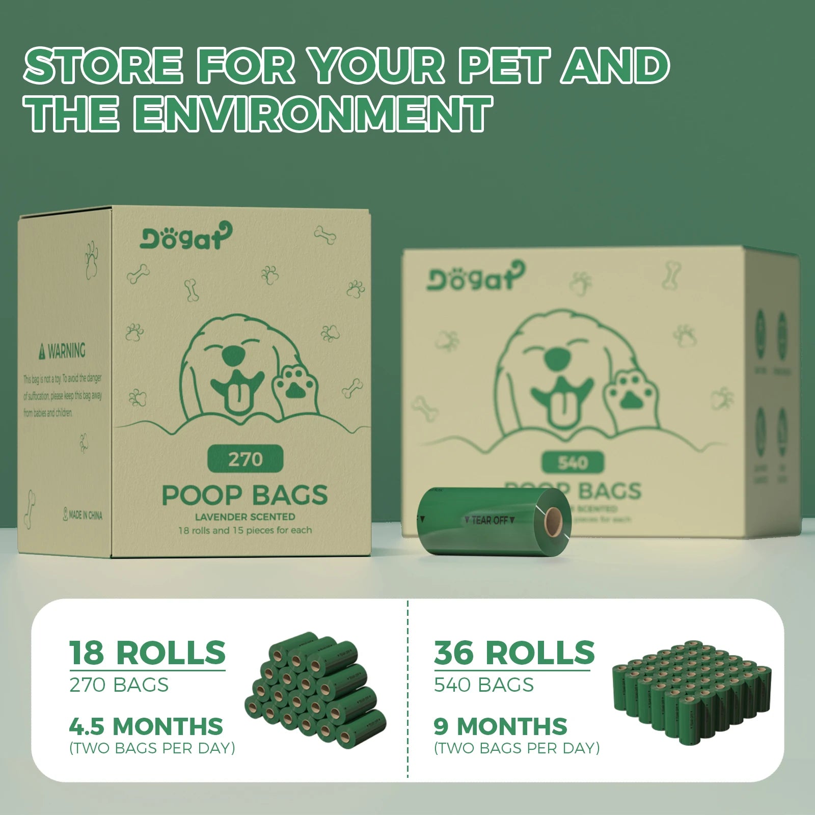 270/540 Counts Extra Thick Green Biodegradable Pet Poop Waste Bags with Dispenser for Dogs, Lavender Scented, Carrier