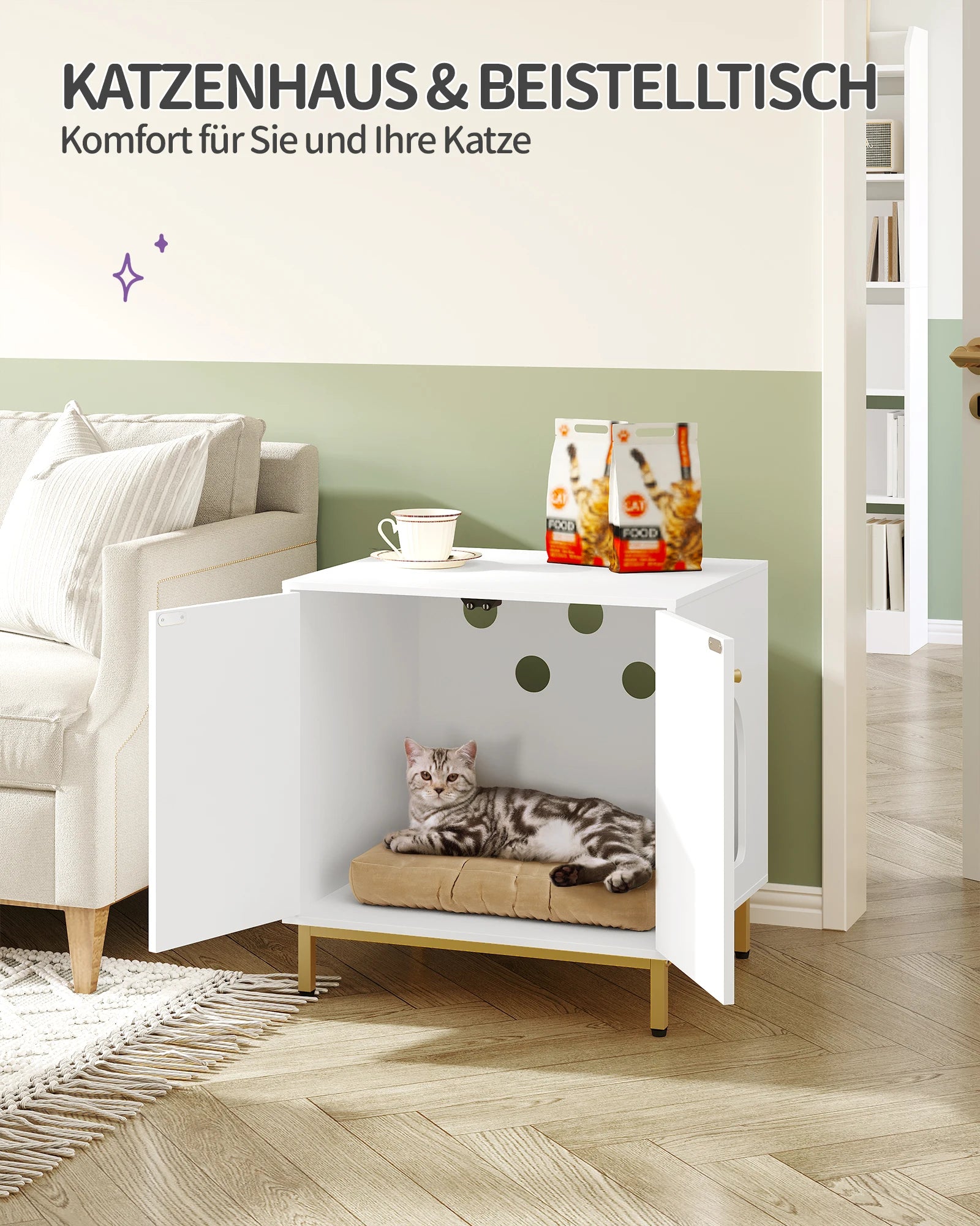 Cat Litter Box Enclosure, Hidden Litter Box Furniture with Double Doors,Wooden Pet House Side End Table,Tall Legs,Living,Bedroom
