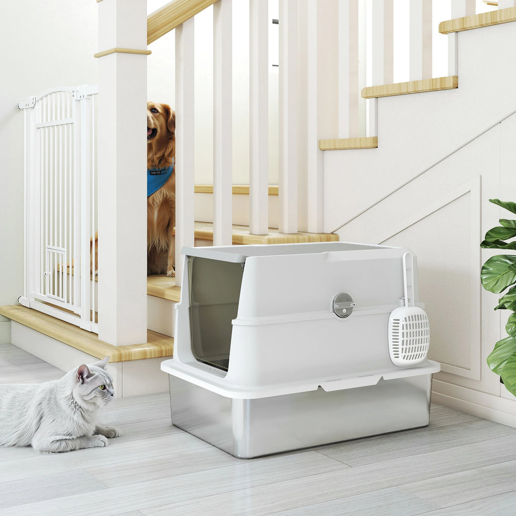 Extra Large Stainless Steel Cat Litter Tray with Scoop, Flip Top
